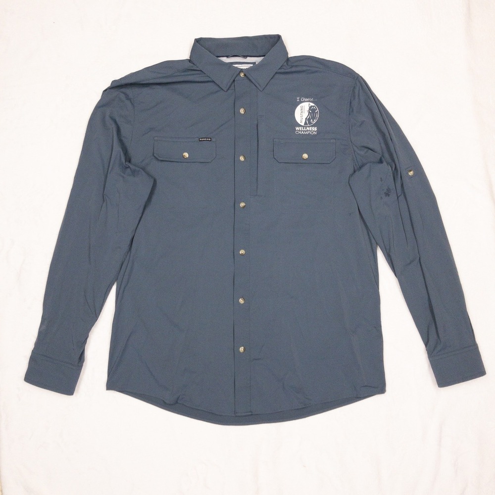 Poncho Button Down Shirt Mens Large Slim Fit Blue Magnetic Pockets Mustang